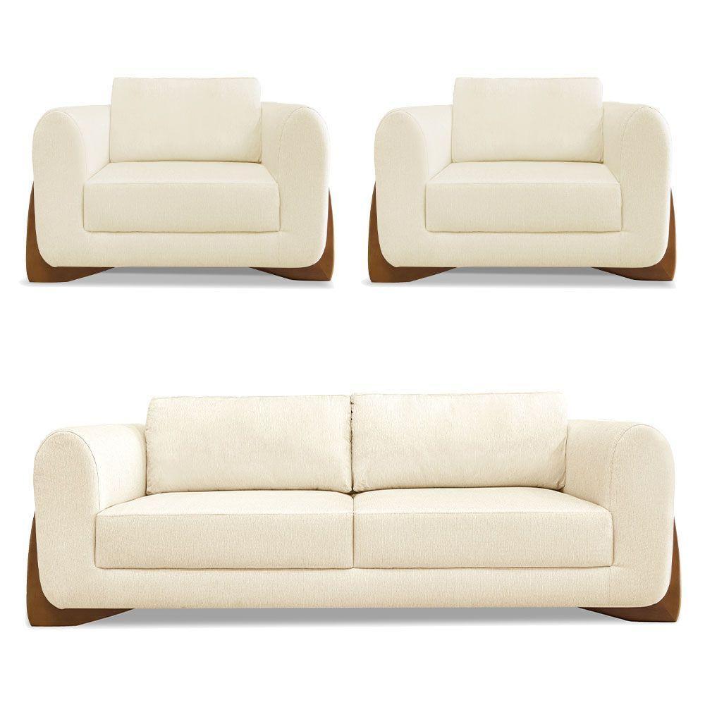 Kit 2 Poltronas E Sofá 2 Lugares Linho Bege Pés Castanho - 1