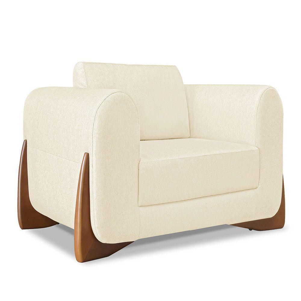 Kit 2 Poltronas E Sofá 2 Lugares Linho Bege Pés Castanho - 6