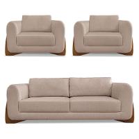Kit 2 Poltronas E Sofá 2 Lugares Linho Areia Pés Castanho - 1
