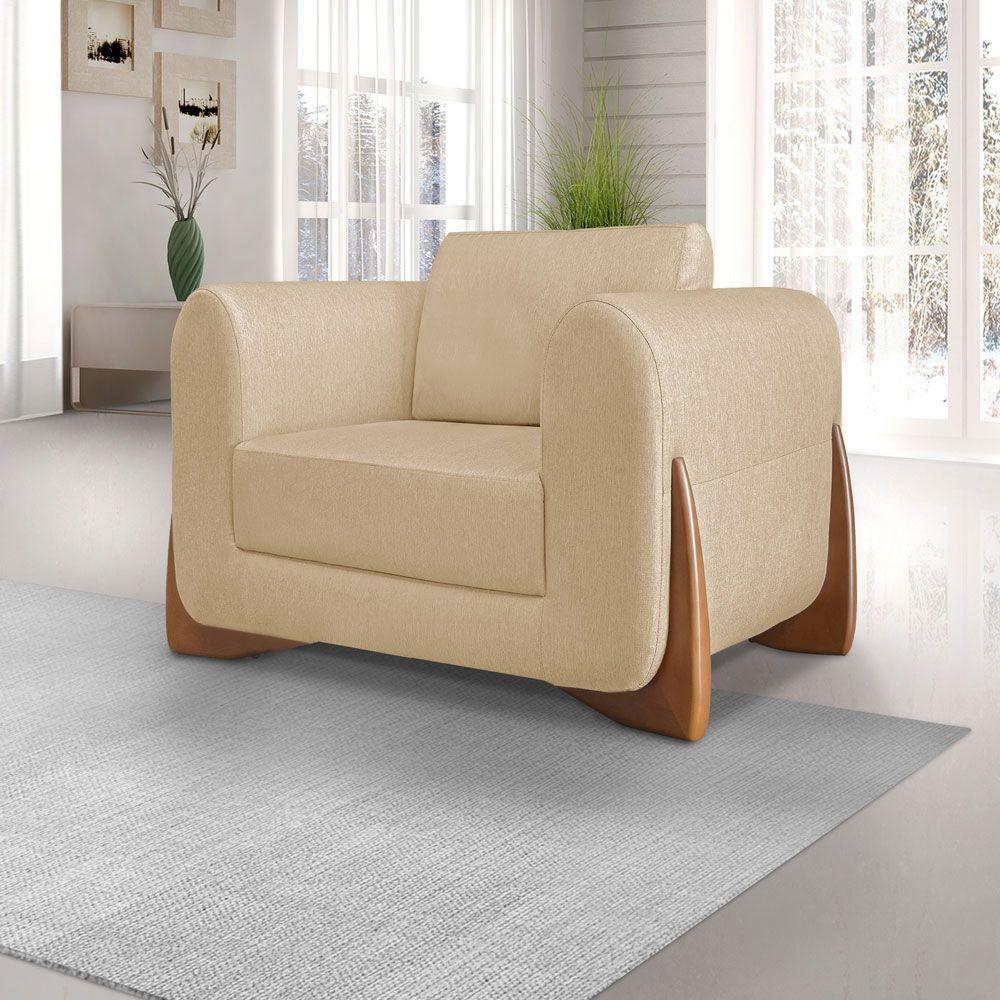 Kit 2 Poltronas E Sofá 2 Lugares Linho Dourado Pés Castanho - 4