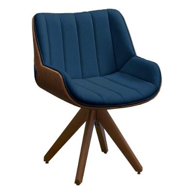 Poltrona Giratória Veludo Azul Marinho Base De Madeira