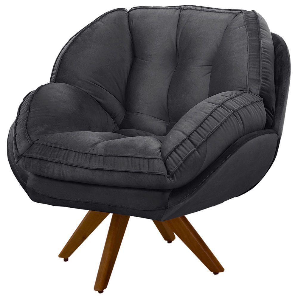 Poltrona Giratória Luisiana Veludo Grafite Base De Madeira - 4