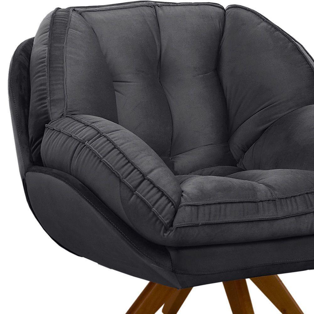 Poltrona Giratória Luisiana Veludo Grafite Base De Madeira - 5