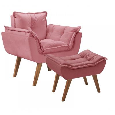 Kit Poltrona Opalla com Puff Suede Assento Pillow Rosa D Salla