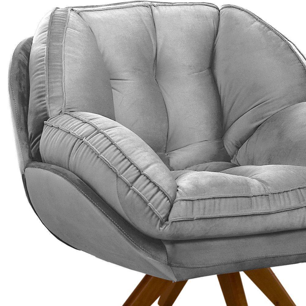 Poltrona Giratória Luisiana Veludo Cinza Base De Madeira - 5