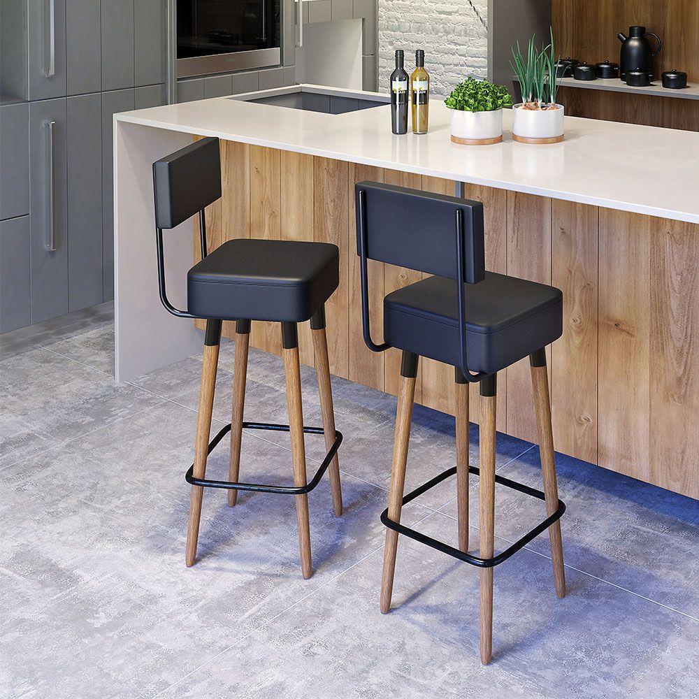 Kit 02 Banquetas Alta 70 Cm Pés De Madeira Preto - 1