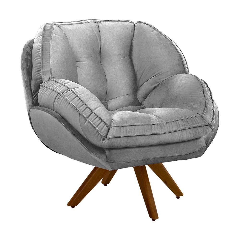 Poltrona Giratória Luisiana Veludo Base De Madeira Cinza - 1