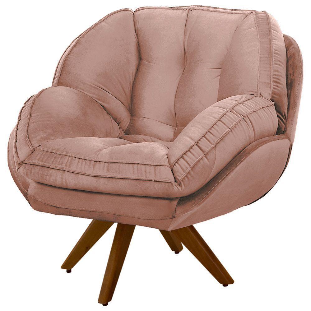 Poltrona Giratória Luisiana Veludo Base De Madeira Cor Rose - 4