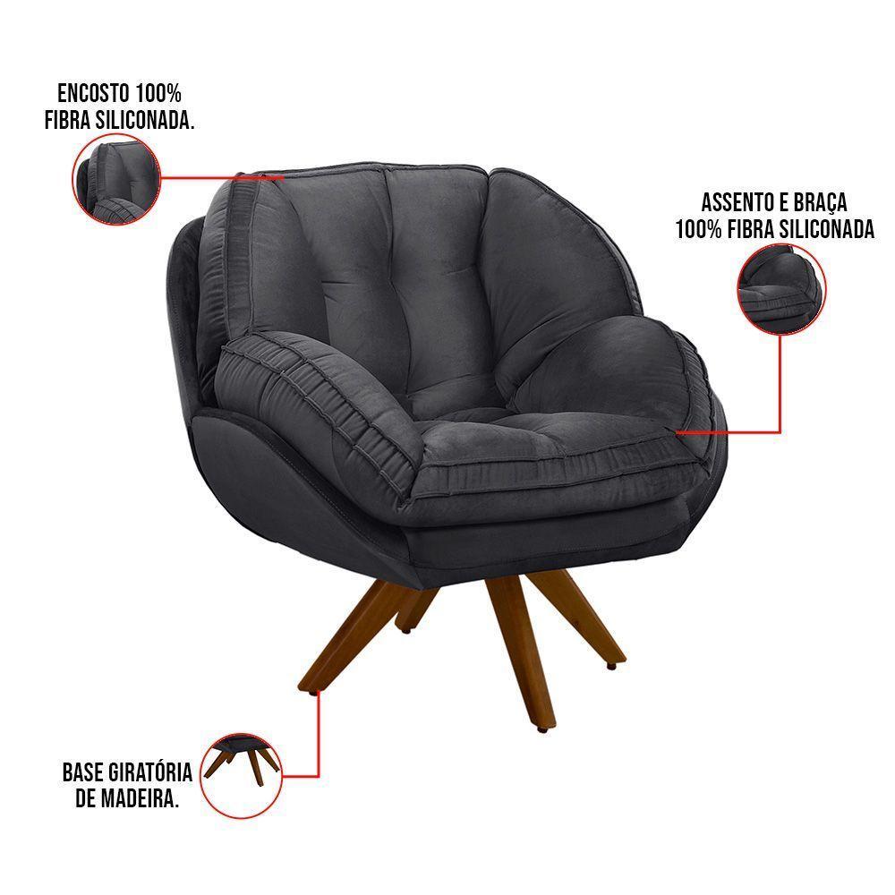 Poltrona Giratória Luisiana Veludo Base De Madeira Grafite - 3