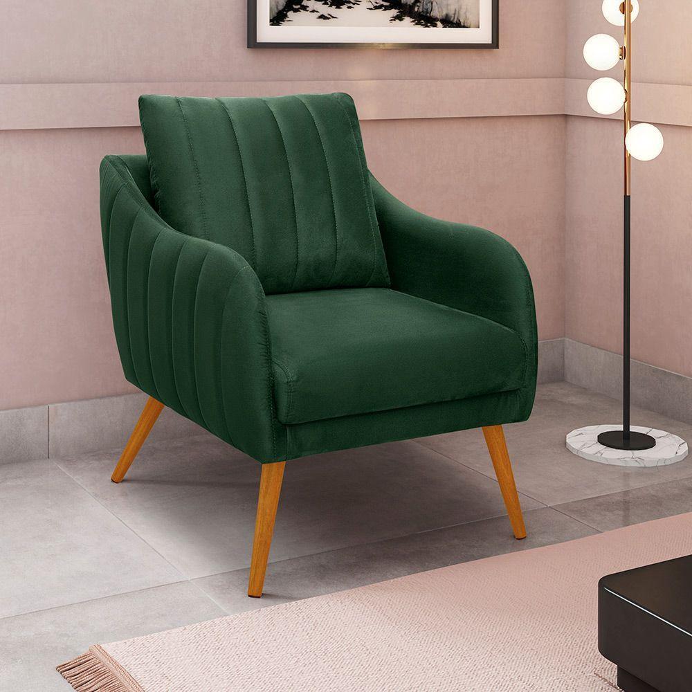 Poltrona Salem Veludo Pés Palito Castanho Cor Verde Militar - 5