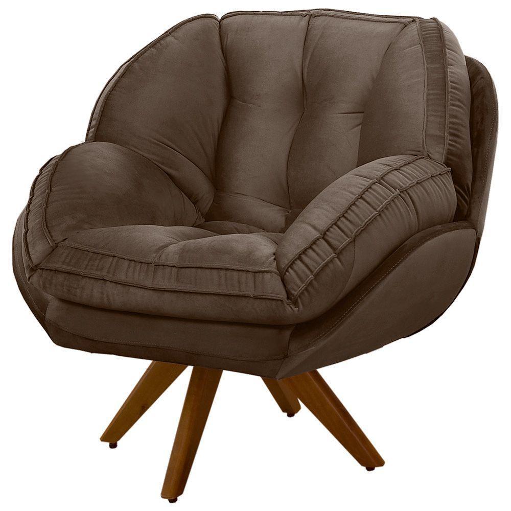 Poltrona Giratória Luisiana Veludo Base De Madeira Marrom - 4