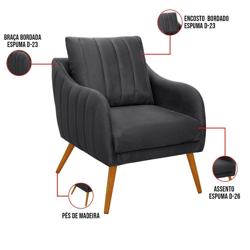 Poltrona Salem Veludo Pés Palito Castanho Cor Grafite - 3