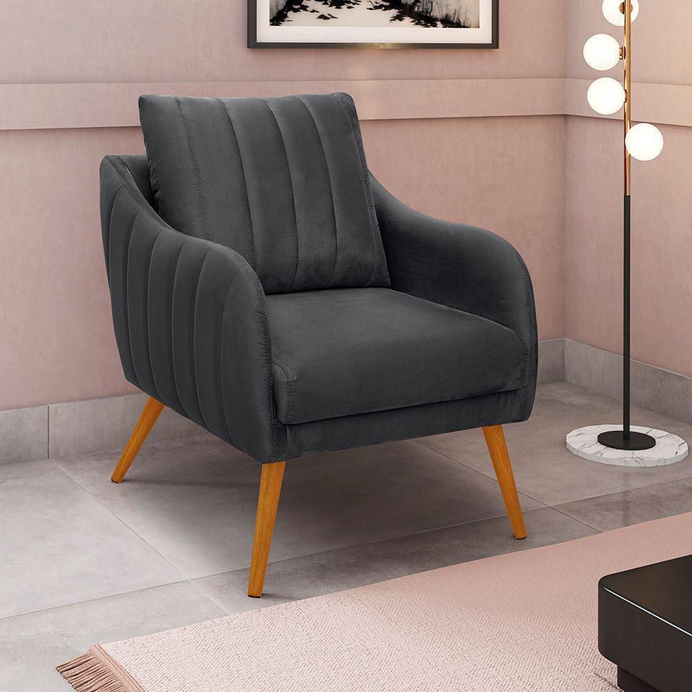 Poltrona Salem Veludo Pés Palito Castanho Cor Grafite - 5