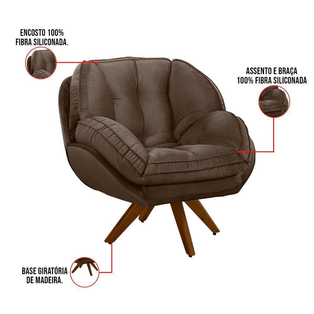 Poltrona Giratória Luisiana Veludo Marrom Base De Madeira - 3