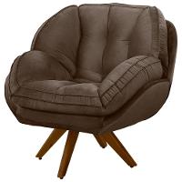 Poltrona Giratória Luisiana Veludo Marrom Base De Madeira