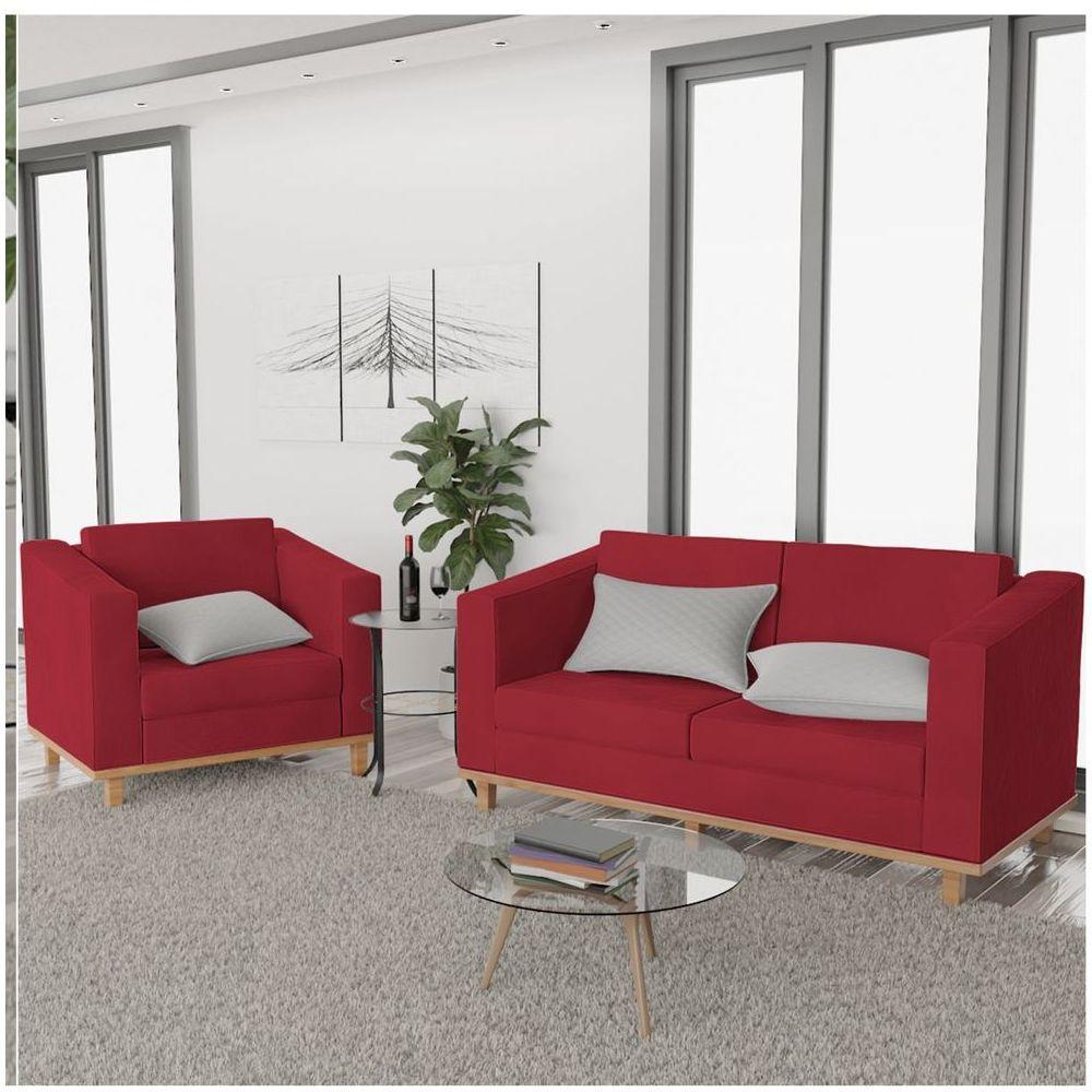 Kit Sofá 2 Lugares Poltrona Europa Suede Vermelho - 6