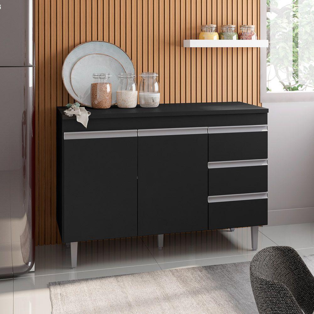 Balcão Gabinete Cozinha 120Cm Com Tampo 2 Portas Preto - 4