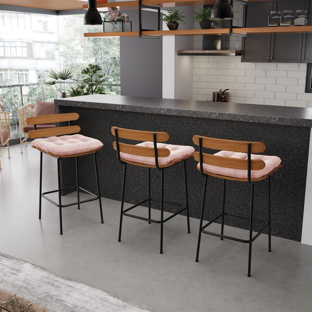Kit 02 Banquetas Costela Veludo Rosê Base Metálica Preto - 8