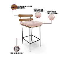 Kit 02 Banquetas Costela Veludo Rosê Base Metálica Preto - 3