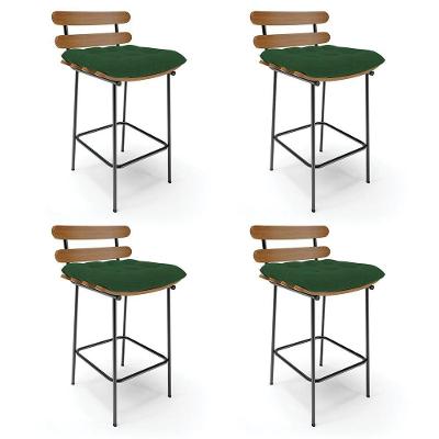 Kit 04 Banquetas Costela Veludo Base Metálica Preto Verde
