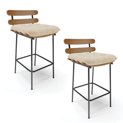 Kit 02 Banquetas Costela Linho Areia A27 Base Metálica Preto