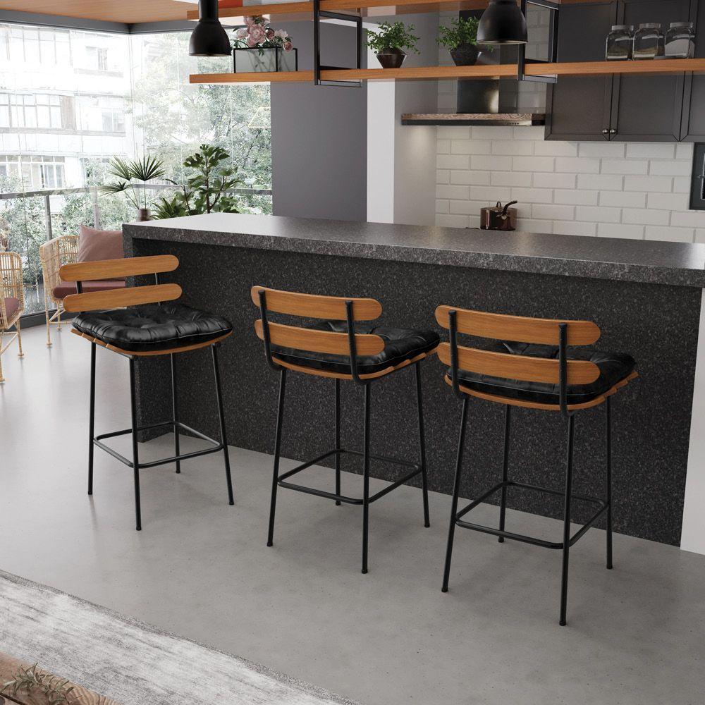 Kit 02 Banquetas Costela Corano Base Metálica Preto Preto - 8