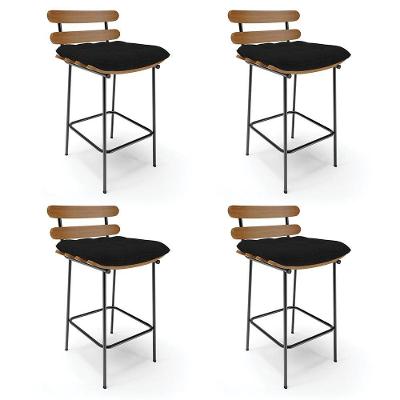 Kit 04 Banquetas Costela Linho Base Metálica Preto A79 Preto
