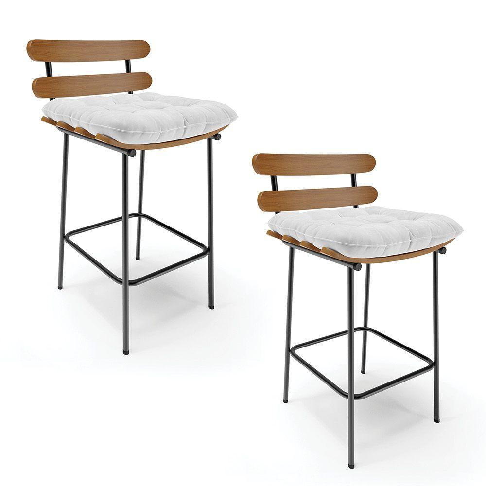 Kit 02 Banquetas Costela Corano Base Metálica Preto Branco - 1