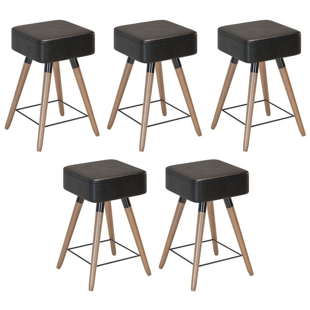 Kit 05 Banquetas Baixas 50x32cm Com Pés Palito Corano Preto - 1