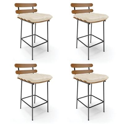 Kit 04 Banquetas Costela Corino Base Metálica Preto Cor Bege