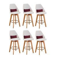 Kit 06 Banquetas Linho Bege E Almofada Suede Bordô - 1