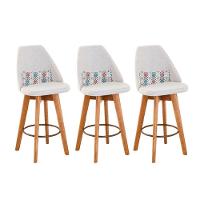 Kit 03 Banquetas Linho Bege E Almofada Mosaico - 1