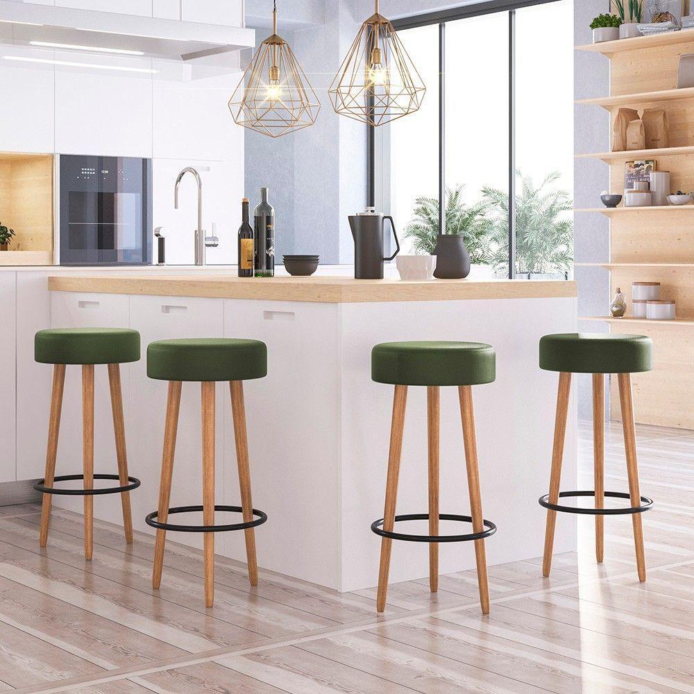 Kit 6 Banquetas Estofada Com Pés De Madeira Couríssimo Verde - 4