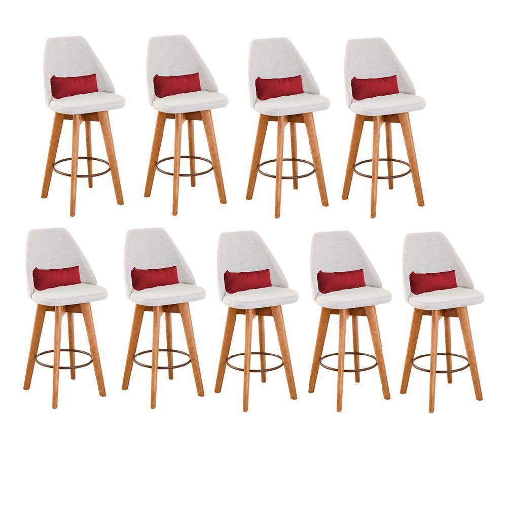 Kit 09 Banquetas Linho Bege E Almofada Sintético Vermelho - 1