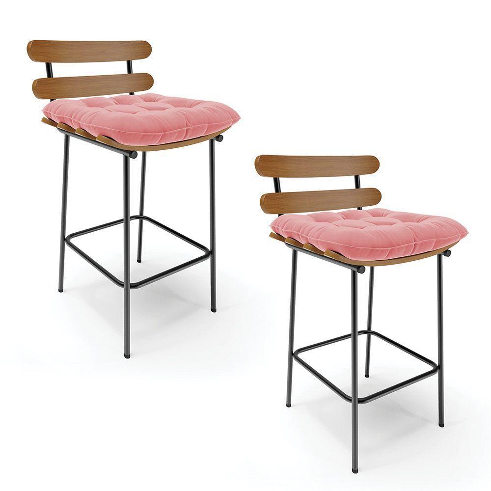 Kit 02 Banquetas Costela Suede Base Metálica Preto Cor Rose - 1