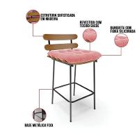 Kit 02 Banquetas Costela Suede Base Metálica Preto Cor Rose