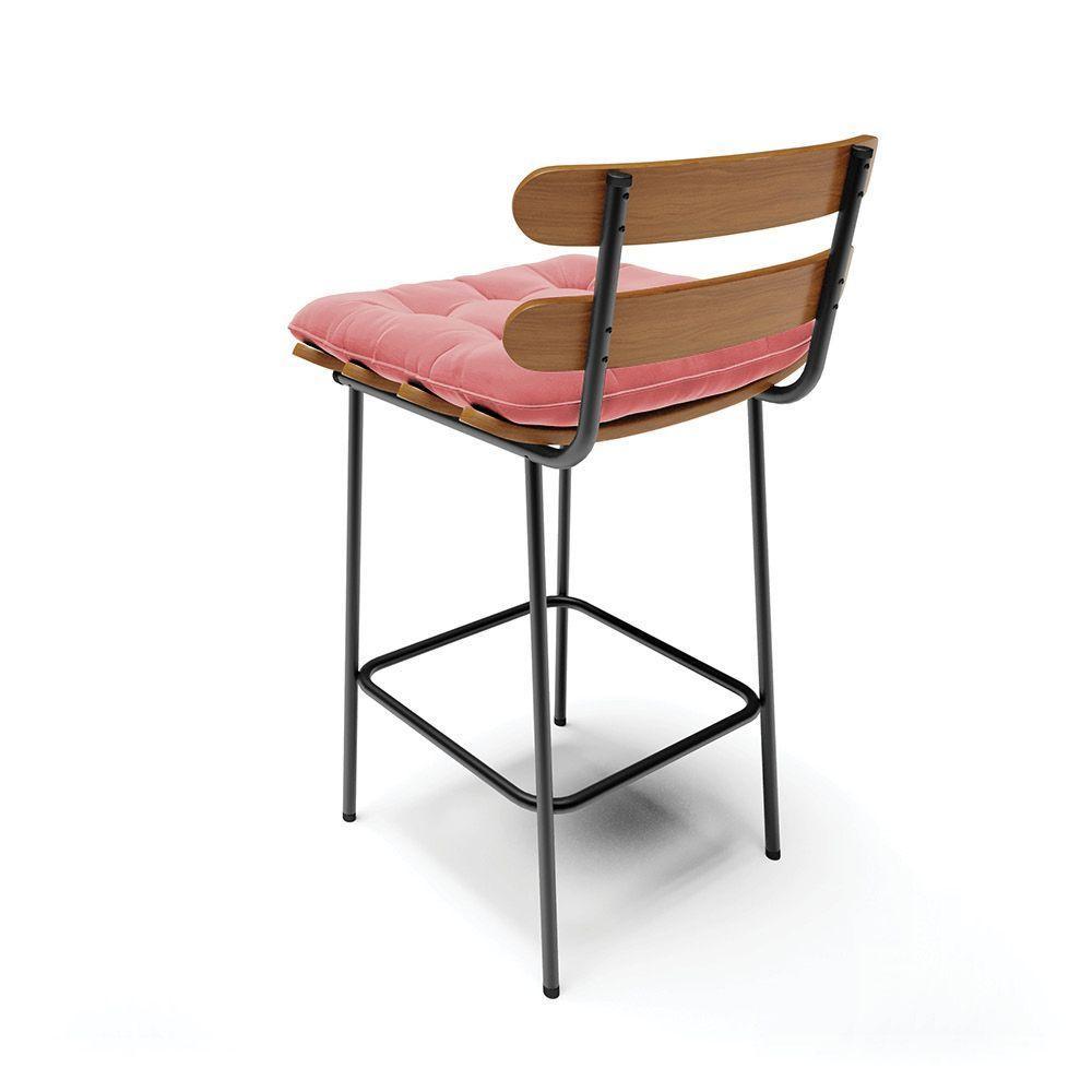 Kit 02 Banquetas Costela Suede Rosê Base Metálica Preto - 5