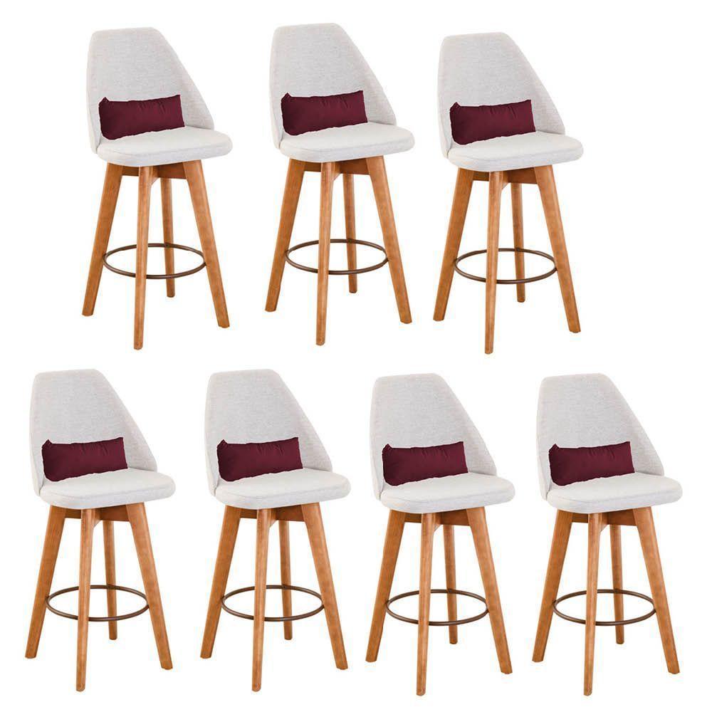 Kit 07 Banquetas Bege Claro E Almofada Sintético Bordô - 1