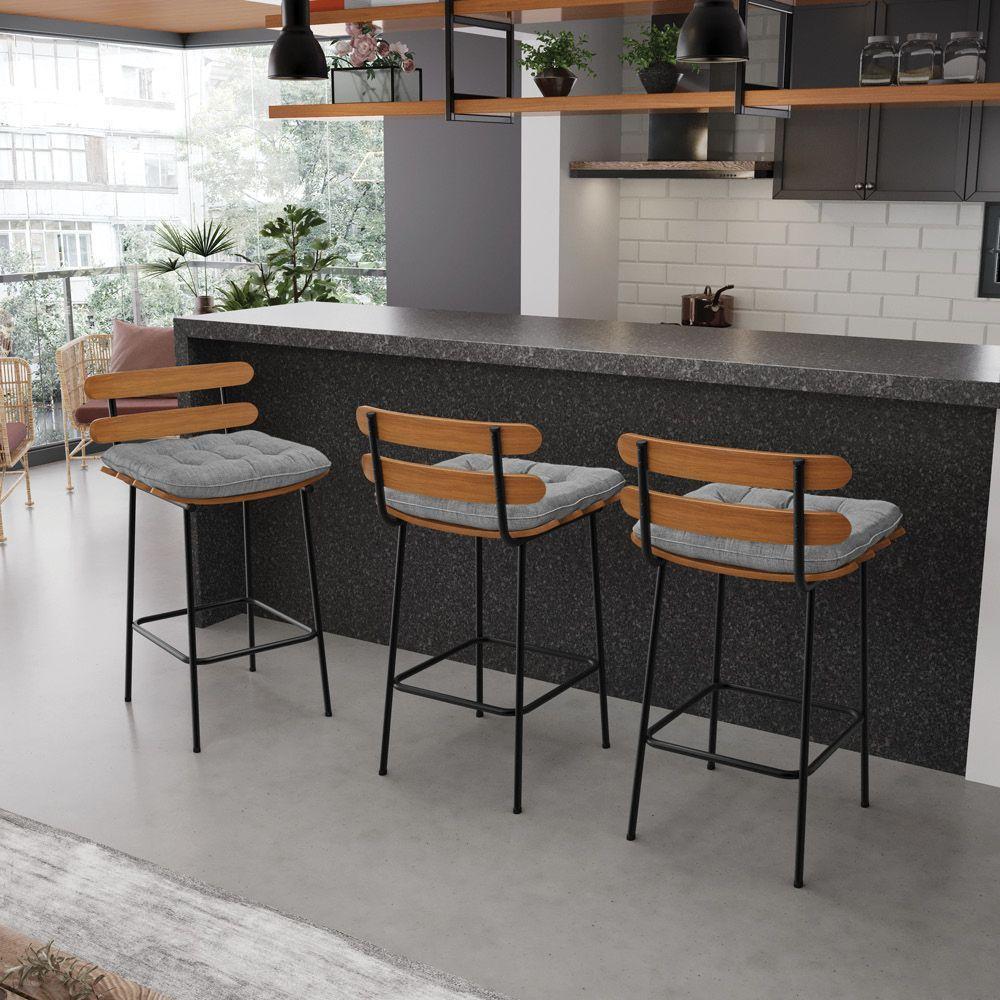 Kit 02 Banquetas Linho Grafite A26 Base Metálica Preto - 8