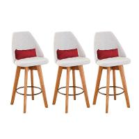 Kit 03 Banquetas Bege Claro E Almofada Suede Vermelho