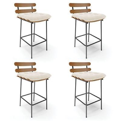 Kit 04 Banquetas Costela Veludo Base Metálica Preto Cor Bege