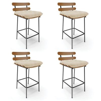 Kit 04 Banquetas Costela Linho Areia A27 Base Metálica Preto