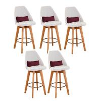 Kit 05 Banquetas Linho Bege E Almofada Suede Bordô - 1