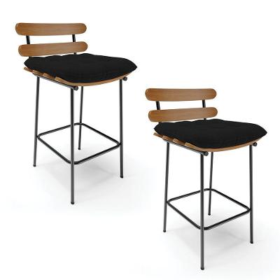 Kit 02 Banquetas Costela Linho Preto A79 Base Metálica Preto