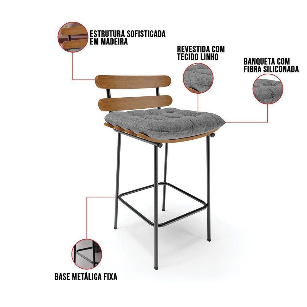Kit 04 Banquetas Linho Base Metálica Preto A26 Grafite - 4