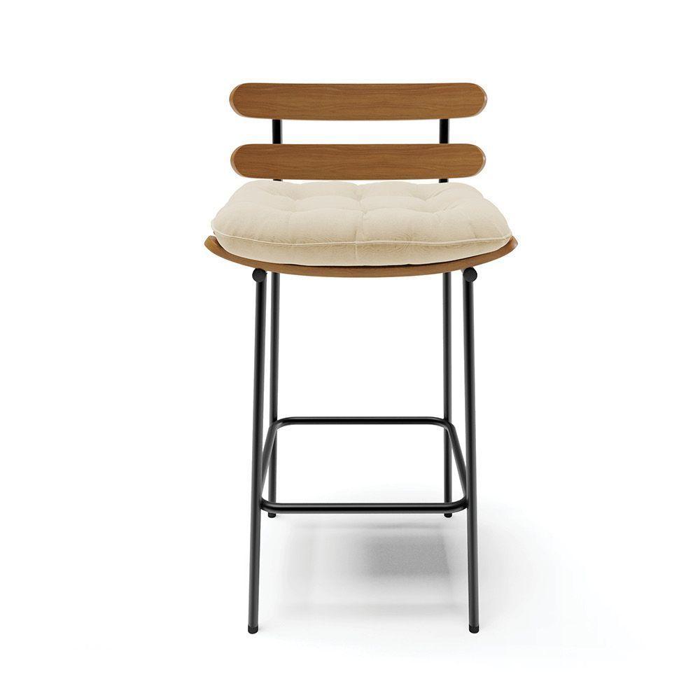 Kit 04 Banquetas Costela Linho Bege A19 Base Metálica Preto - 7