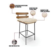 Kit 04 Banquetas Costela Linho Bege A19 Base Metálica Preto