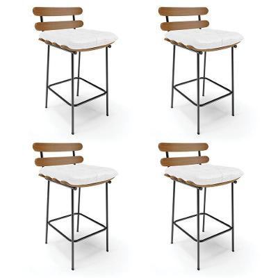 Kit 04 Banquetas Costela Corino Branco Base Metálica Preto