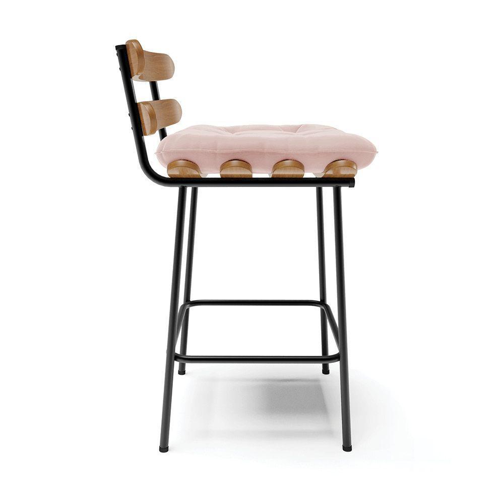 Kit 02 Banquetas Costela Veludo Base Metálica Preto Cor Rose - 6