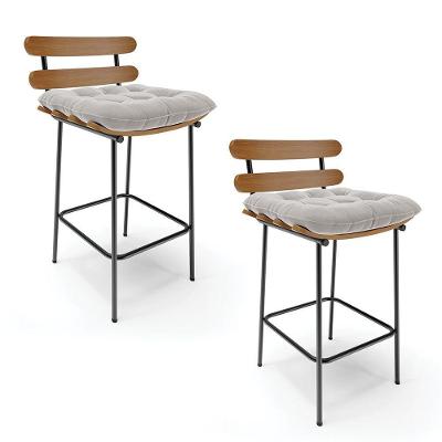 Kit 02 Banquetas Costela Veludo Cinza Base Metálica Preto
